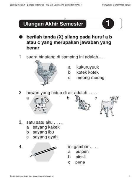format pilihan ganda bahasa indonesia kelas 1 semester 2